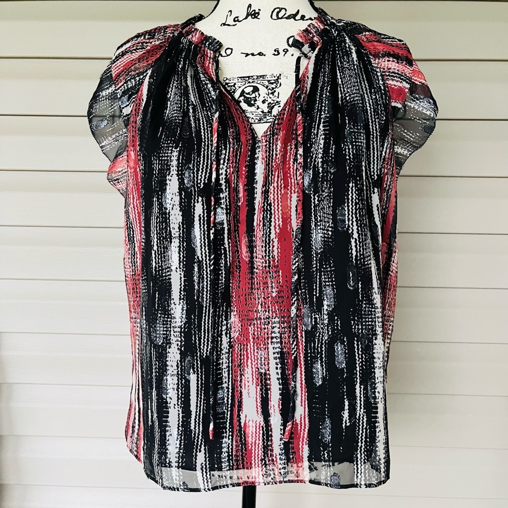 WHBM $89 Metallic Flutter Sleeve Tie-Neck Shell